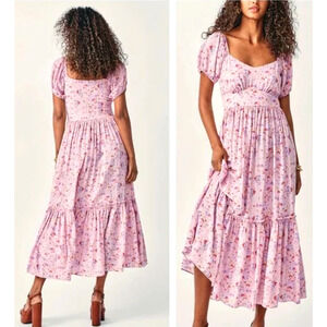 NEW! LoveShackFancy 6 Angie SILK Midi Dress Milkmaid Puff Shoulder Floral Pink